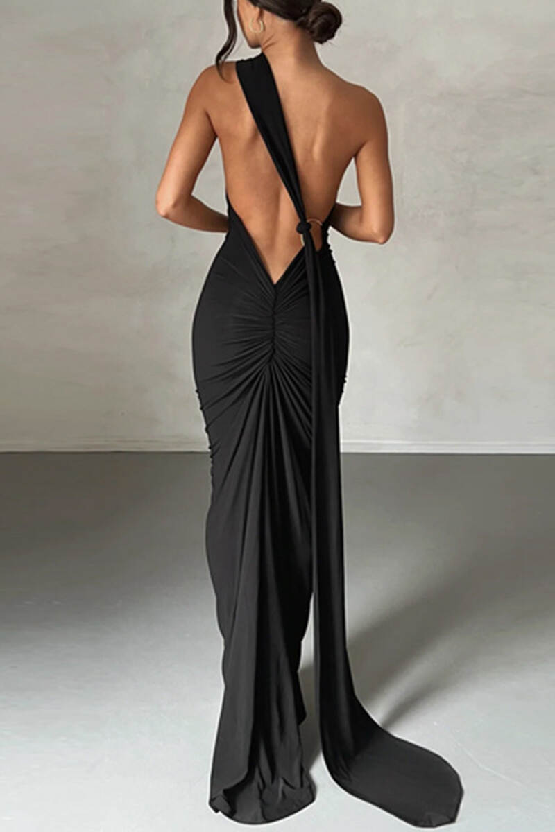 Black Sexy Solid Backless Oblique Collar Long Dress Dresses