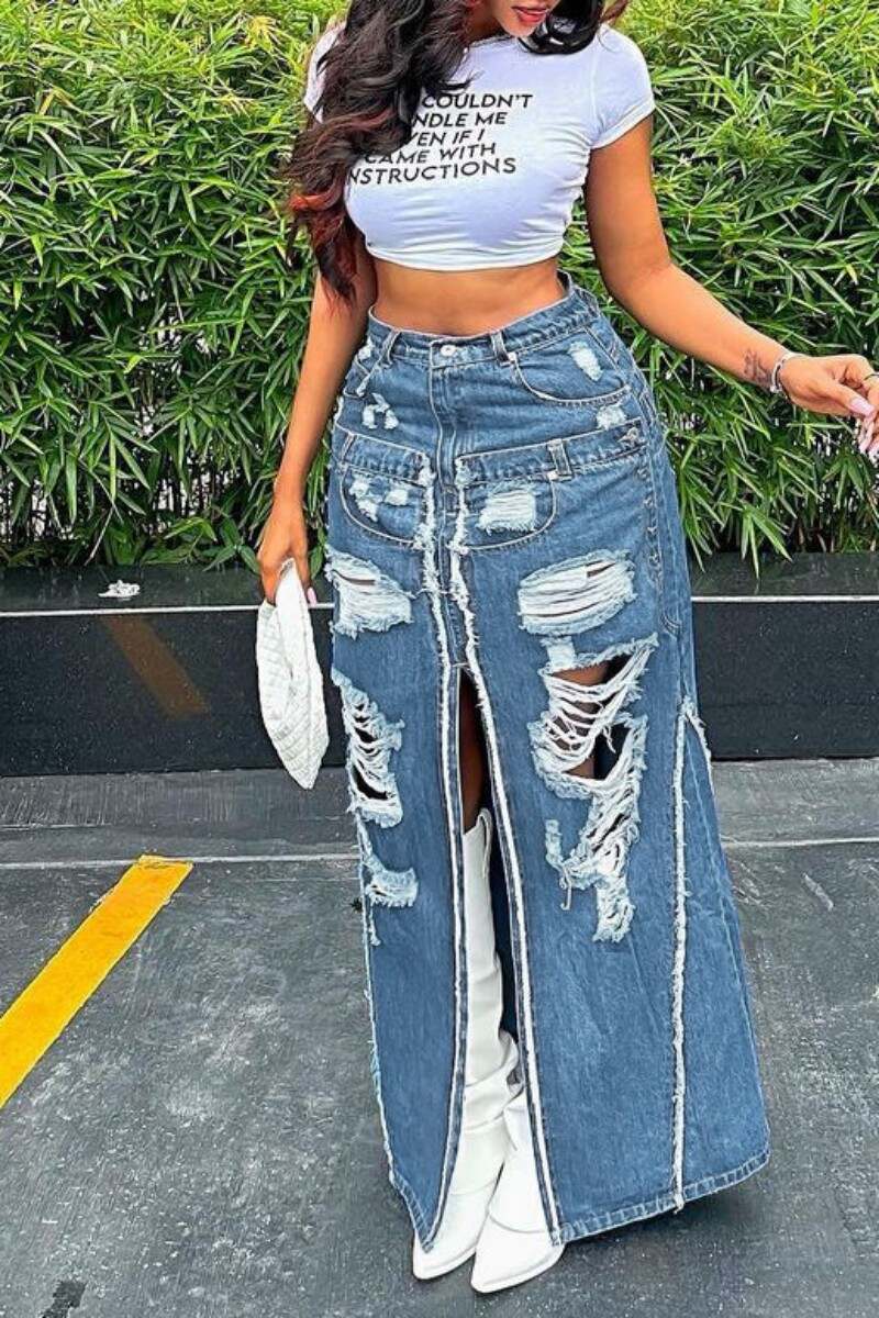 Blue Casual Solid Ripped Patchwork Slit High Waist Regular Denim Skirts