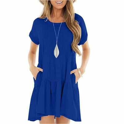 Round neck short sleeve large hem mid-length dress