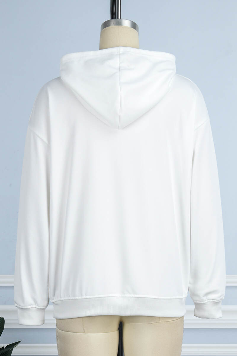 White Casual Daily Print Draw String Hooded Collar Tops