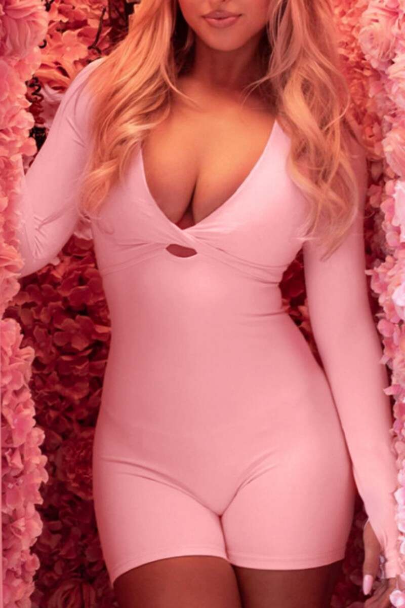 Pink Casual Solid Hollowed Out V Neck Skinny Romper