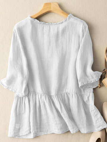 Women Blouses & Shirts | Solid Tie Loose Button Front Short Sleeve Crew Neck Blouse - LY85552