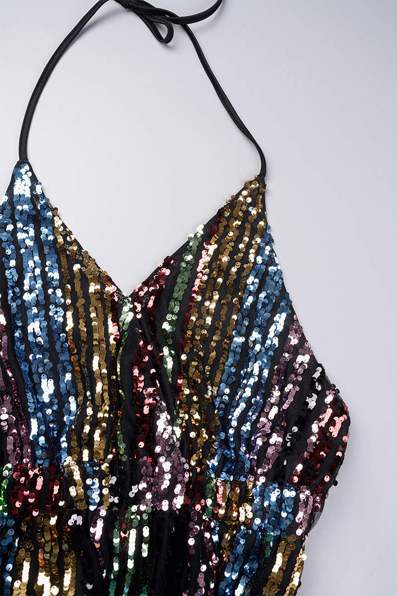 Colour Sexy Sequins Patchwork Slit Halter Regular Jumpsuits