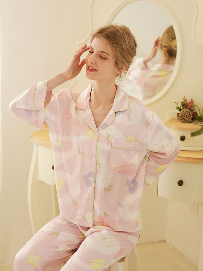 Satin Elegant Star Shawl Collar Long Sleeve Pajama Set