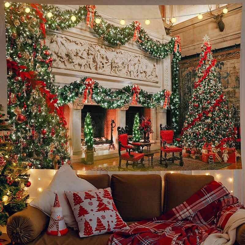 Christmas Decor LED Lights Wall Tapestry Christmas Tree Fireplace Print