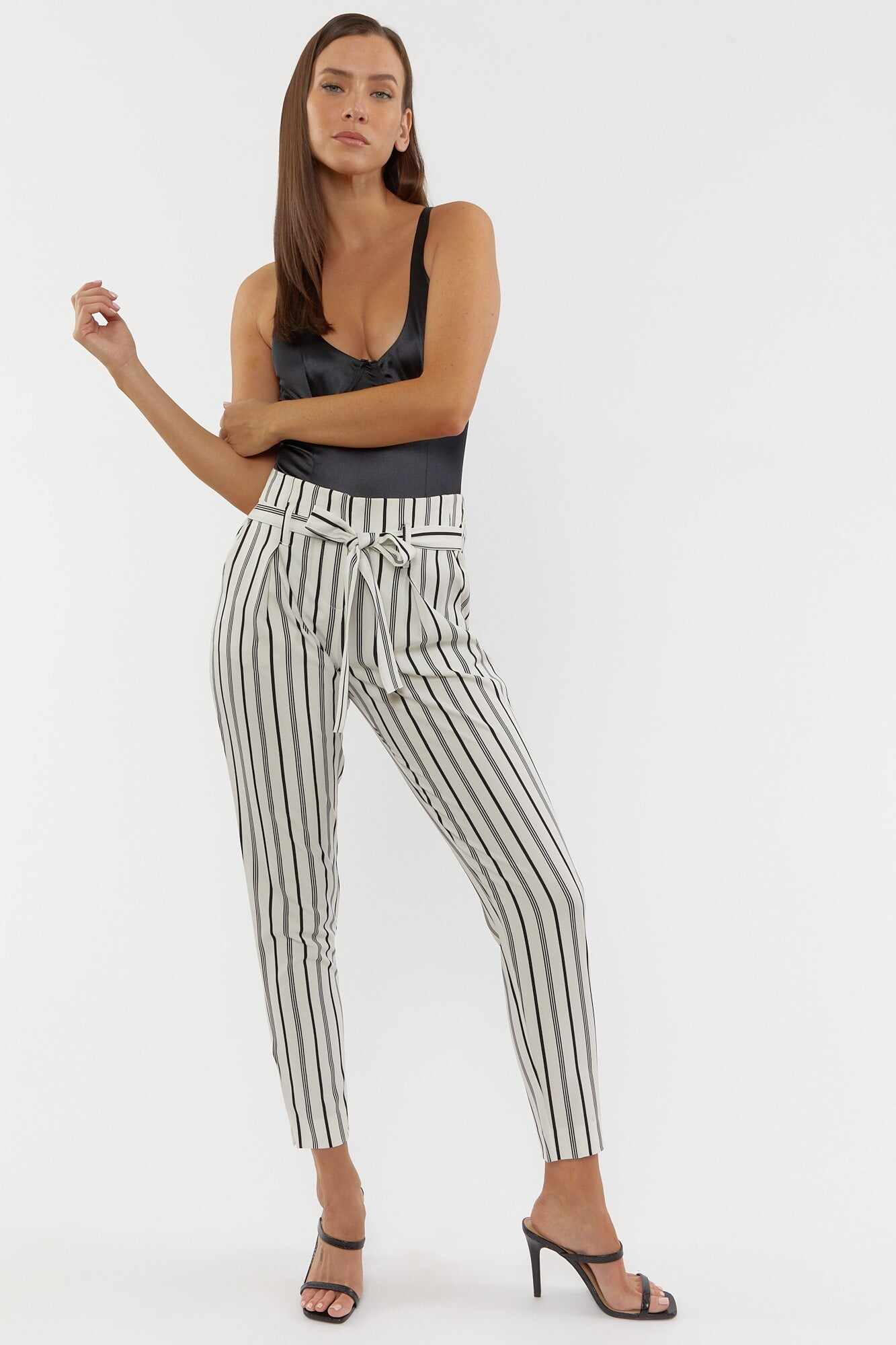 Women Apparel | Paperbag Striped Pants Black with White Forever21 - RL21728