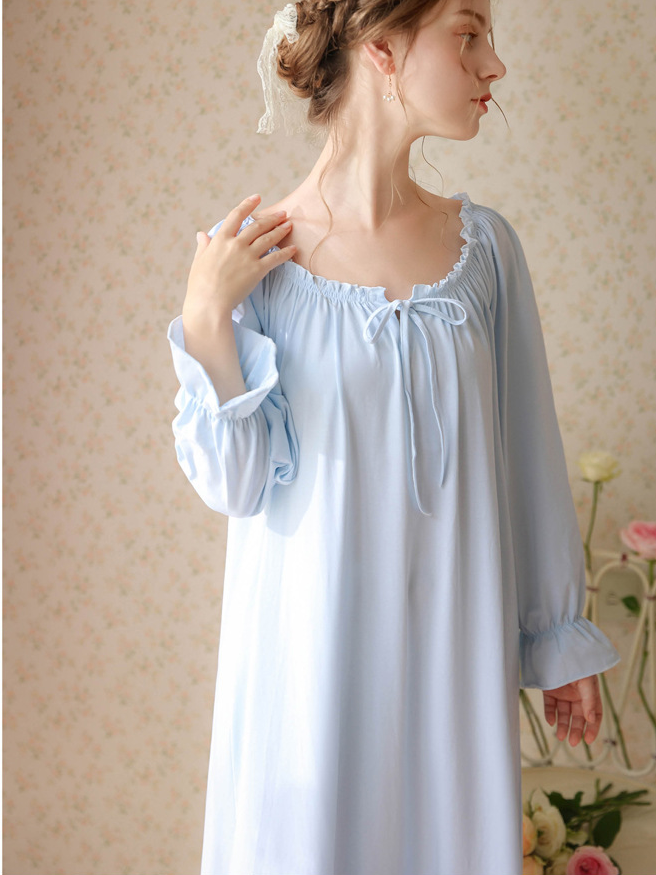 Vacation Flare Sleeve Cotton Crew Neck Plain Nightdress