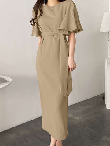 Women Casual Dresses | Solid Bell Sleeve Belt V-neck Casual Dress For Women - AM18598
