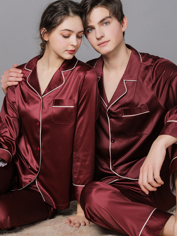 Ice Silk Plain Shawl Collar Casual Long Sleeve Couple Pajama Set