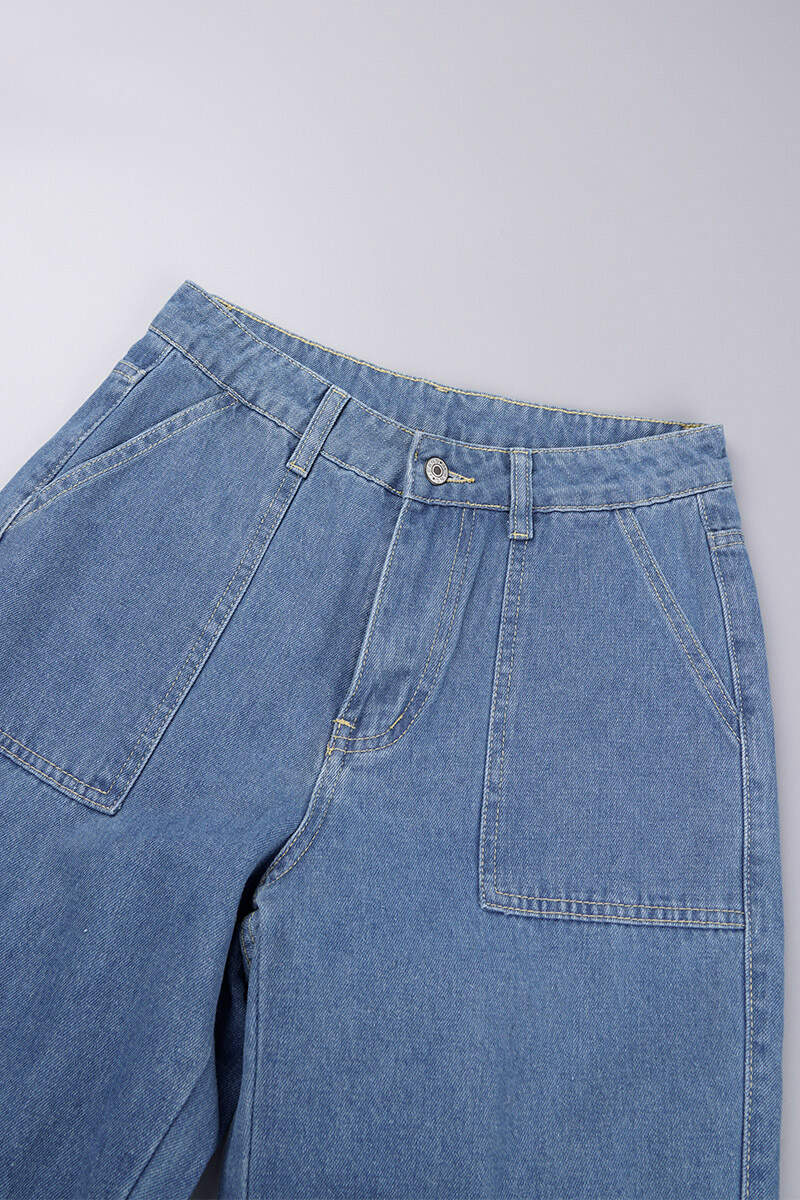 Blue Casual Solid Patchwork High Waist Straight Denim Jeans