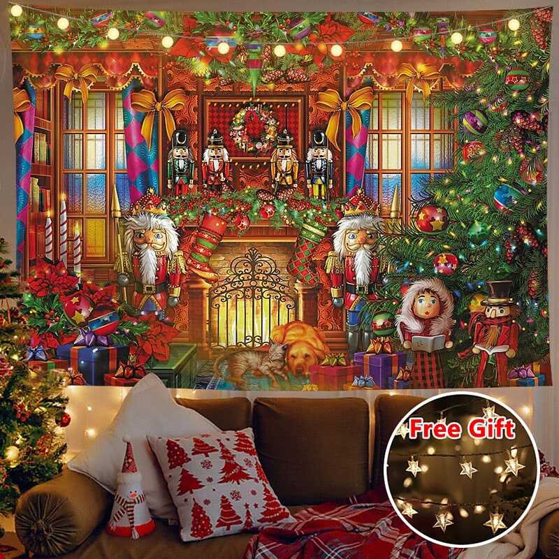 Christmas Decor LED Lights Wall Tapestry Santa Claus Christmas Tree Print