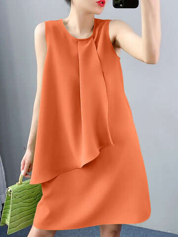 Women Casual Dresses | Solid Ruffle Front Crew Neck Sleeveless Casual A-line Dress - WP59890