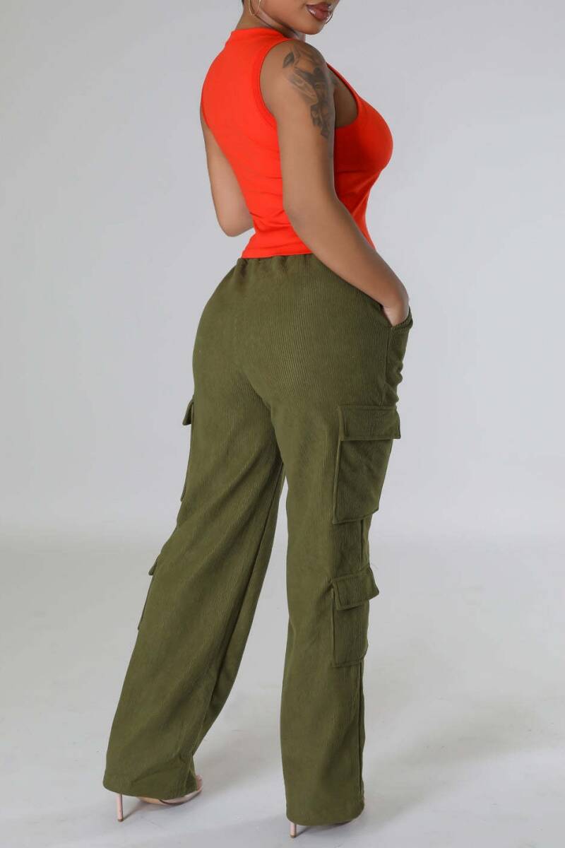 Army Green Casual Solid Patchwork Regular High Waist Conventional Solid Color Trousers