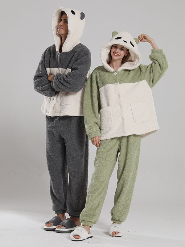 Flannel Loose Simple Long Sleeve Couple Pajama Set