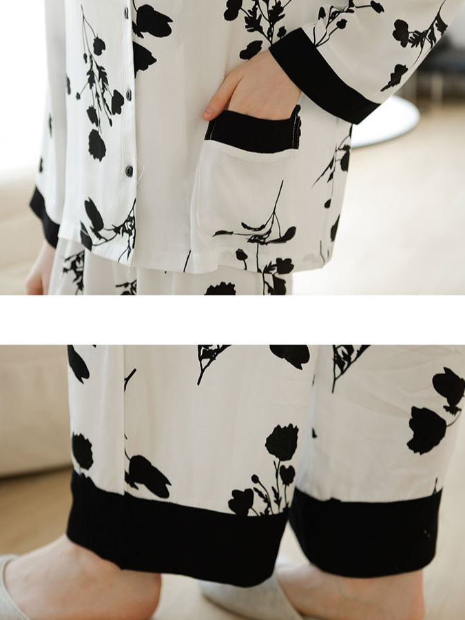 Loose Casual Floral Pattern V Neck Long Sleeve Pajama Set