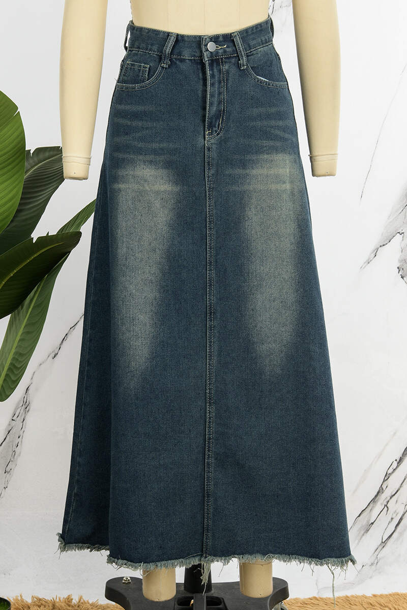 Blue Casual Solid Patchwork High Waist Regular Denim Skirts