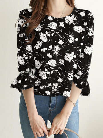 Women Blouses & Shirts | Random Allover Floral Print Crew Neck 3/4 Sleeve Blouse - KX82842