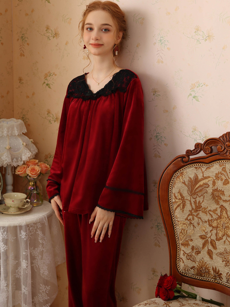 Loose Elegant V Neck Pajama Long Sleeve Set