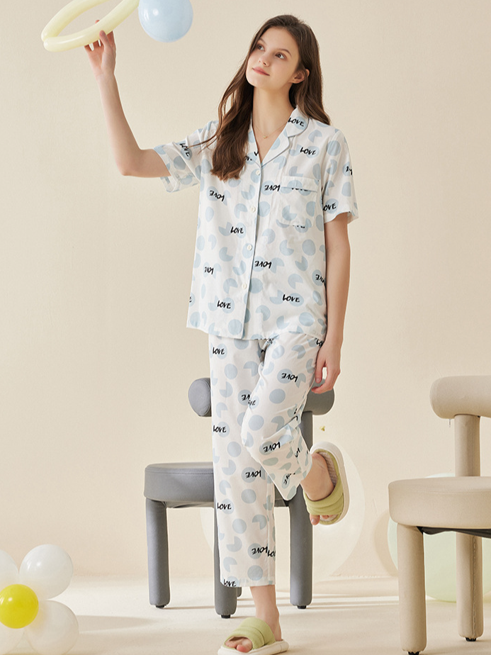 Cotton V Neck Simple Polka Dots Regular Sleeve Pajama Set