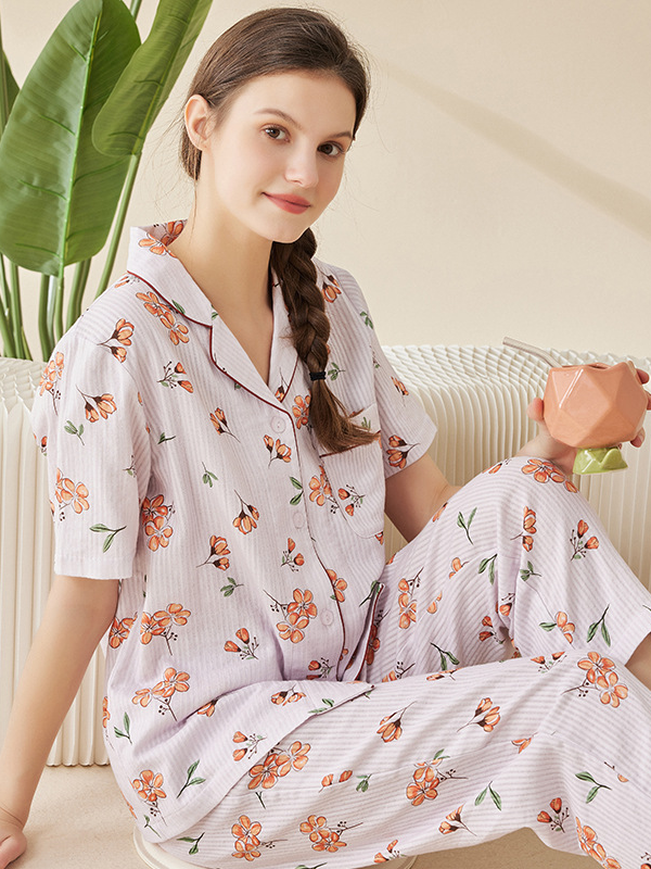 Regular Fit Simple V Neck Short Sleeve Pajama Set