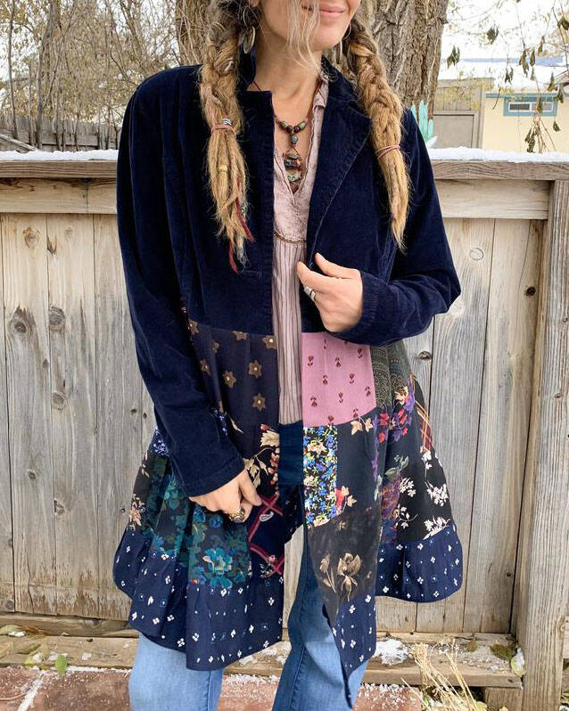 Mid-length stitching printed velvet jacket cardigan