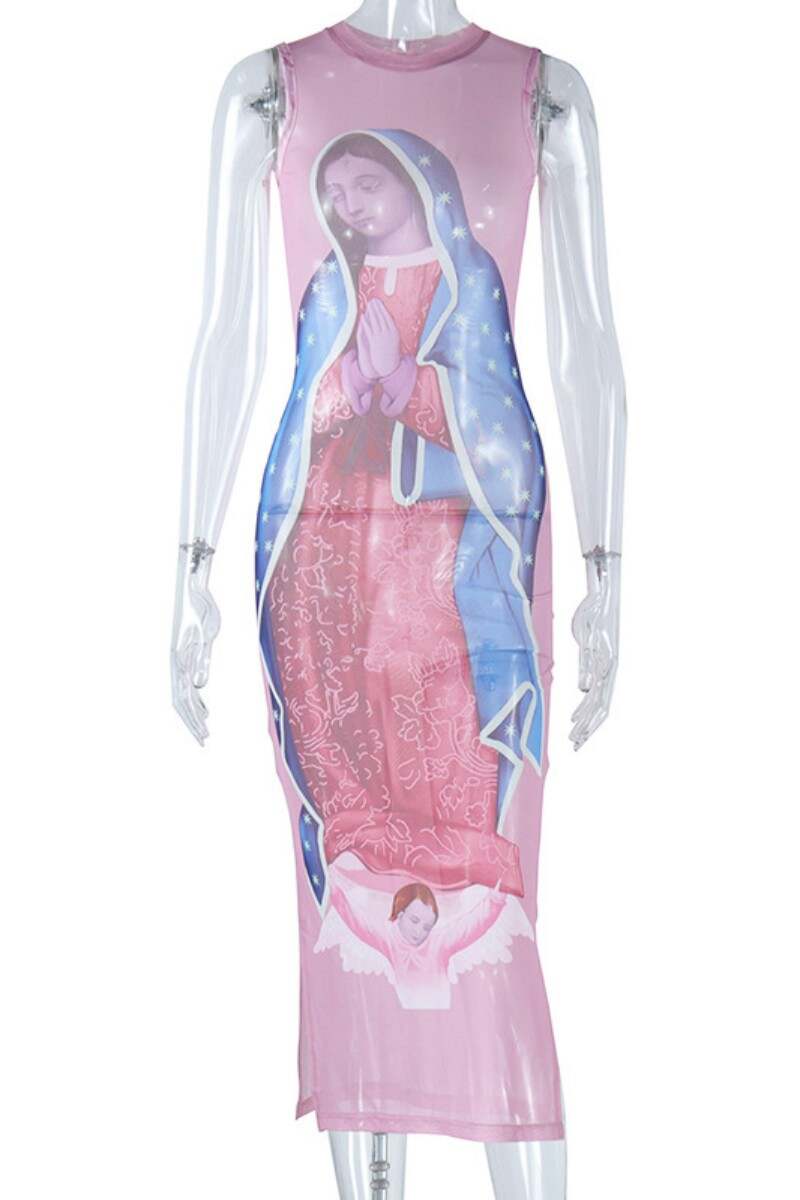 Pink Sexy Casual Print See-through Slit O Neck Long Dress Dresses