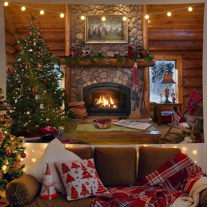 Christmas Decor LED Lights Wall Tapestry Santa Claus Christmas Tree Print