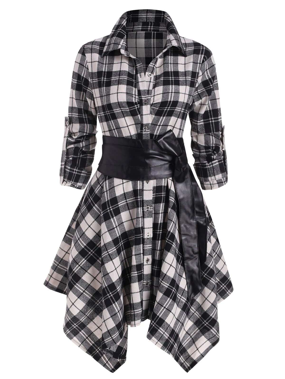 Plaid Belted Roll Tab Sleeve Handkerchief Dress