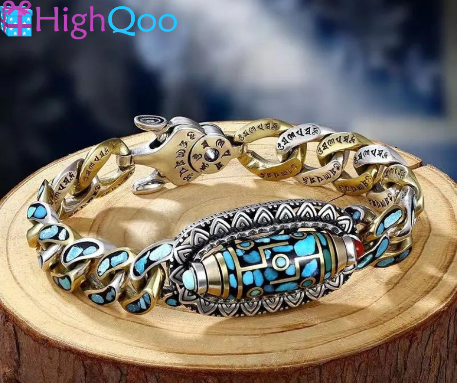 (HOT BUY!!)Azure Serenity: Six-Mantra Nine-Eyed Dzi Bead Bracelet