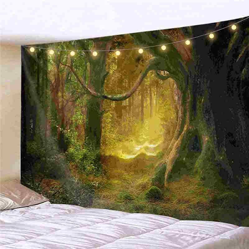 Landscape LED Lights Wall Tapestry Art Decor Forest Green Tree Print