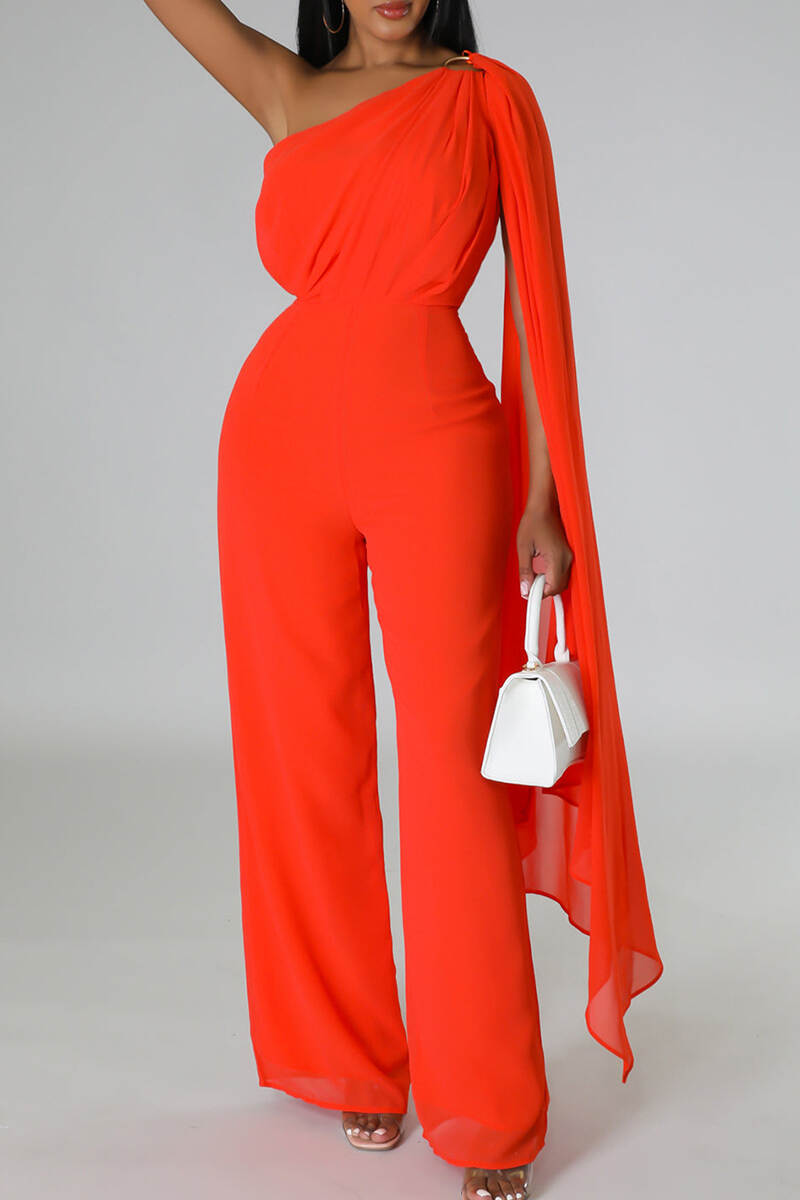 Rose Red Elegant Solid Patchwork One Shoulder Loose Jumpsuits