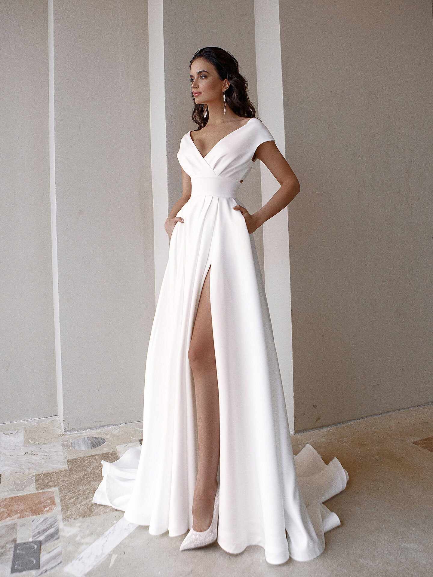 V-Neck Solid Color Floor Long Dress