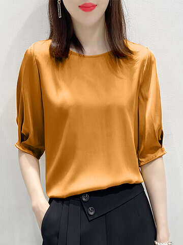 Women Blouses & Shirts | Satin Solid Half Sleeve Crew Neck Women Blouse - XQ99822