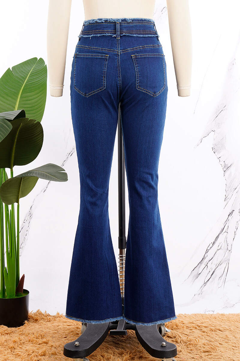 Deep Blue Casual Solid Patchwork High Waist Regular Denim Jeans