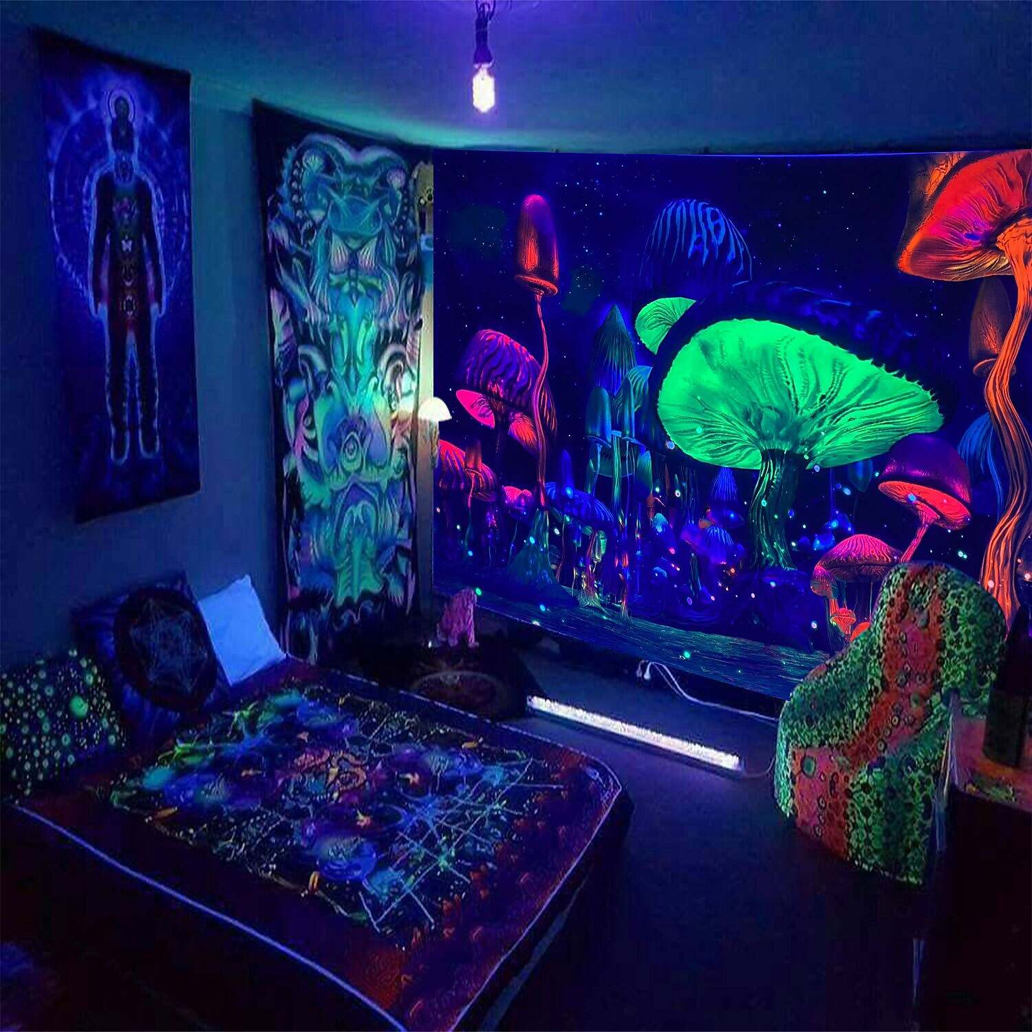 Blacklight UV Reactive Tapestry Trippy Mushroom Decoration Cloth