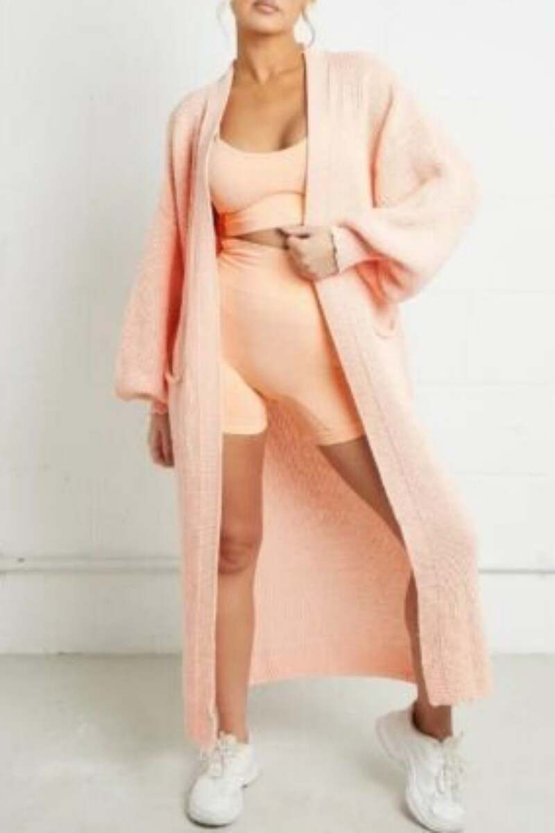 Rose Pink Casual Solid Cardigan Outerwear