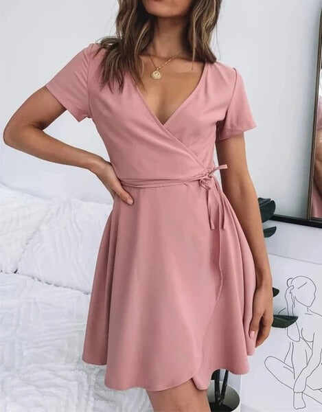 pink V-neck short sleeve dress