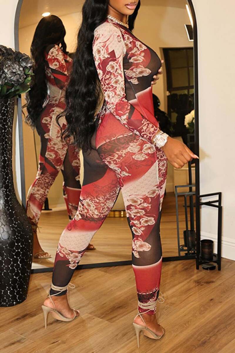 Red Casual Print See-through O Neck Skinny Jumpsuits