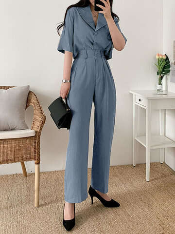 Women Suits & Co-ords | Solid Button Front Pocket Lapel Short Sleeve Two Pieces Suit - QH23002