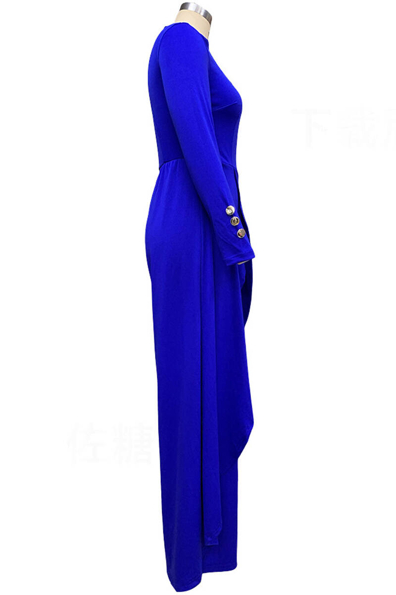 Royal Blue Elegant Solid Patchwork Buttons Metal Accessories Decoration Halter Loose Jumpsuits