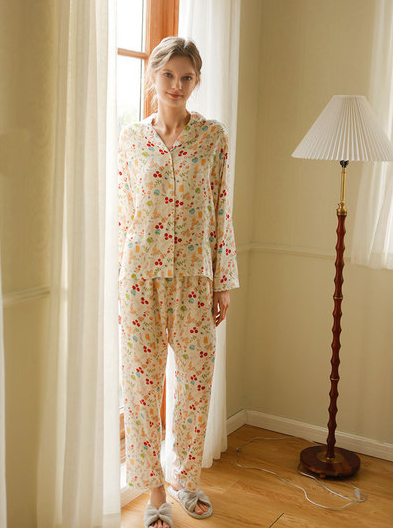 Floral Loose Shawl Collar Satin Vacation Long Sleeve Pajama Set