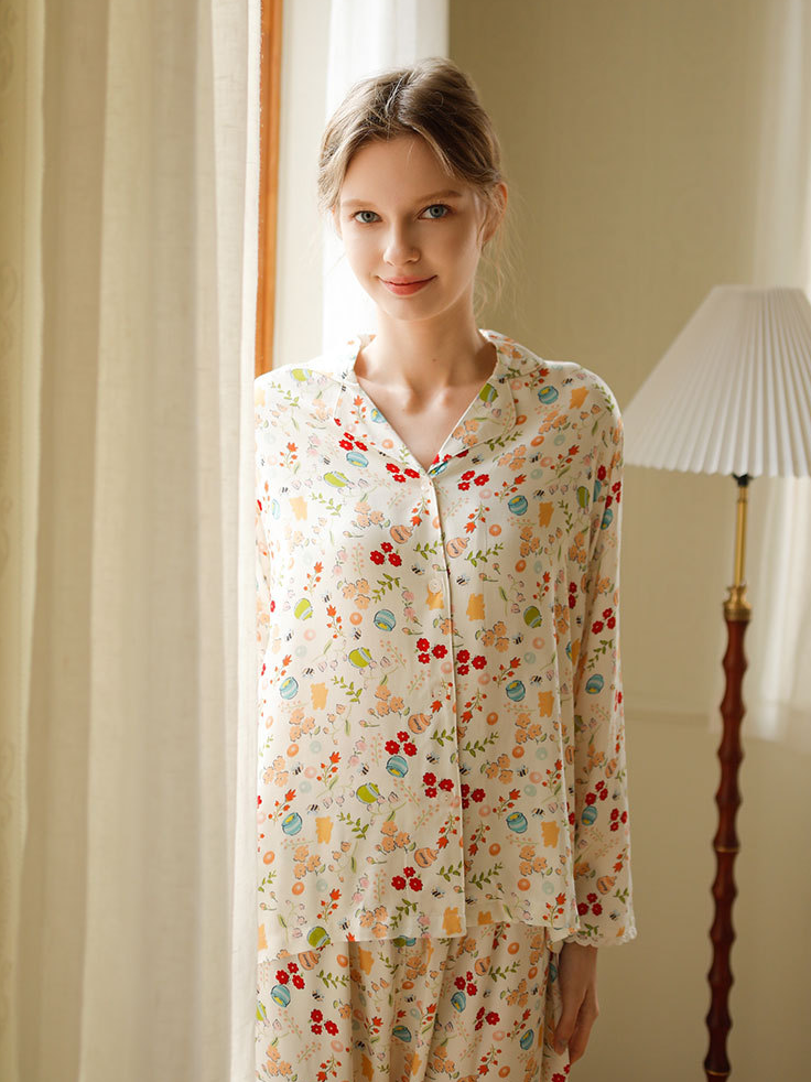 Floral Loose Shawl Collar Satin Vacation Long Sleeve Pajama Set