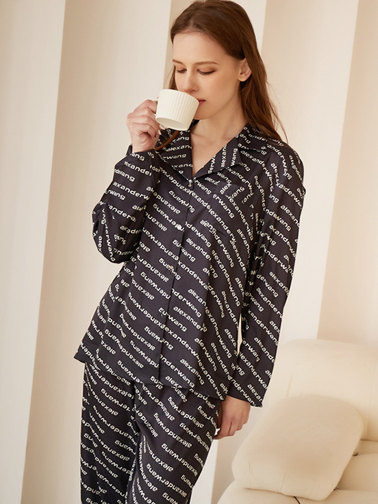 Elegant Ice Silk V Neck Loose Long Sleeve Pajama Set