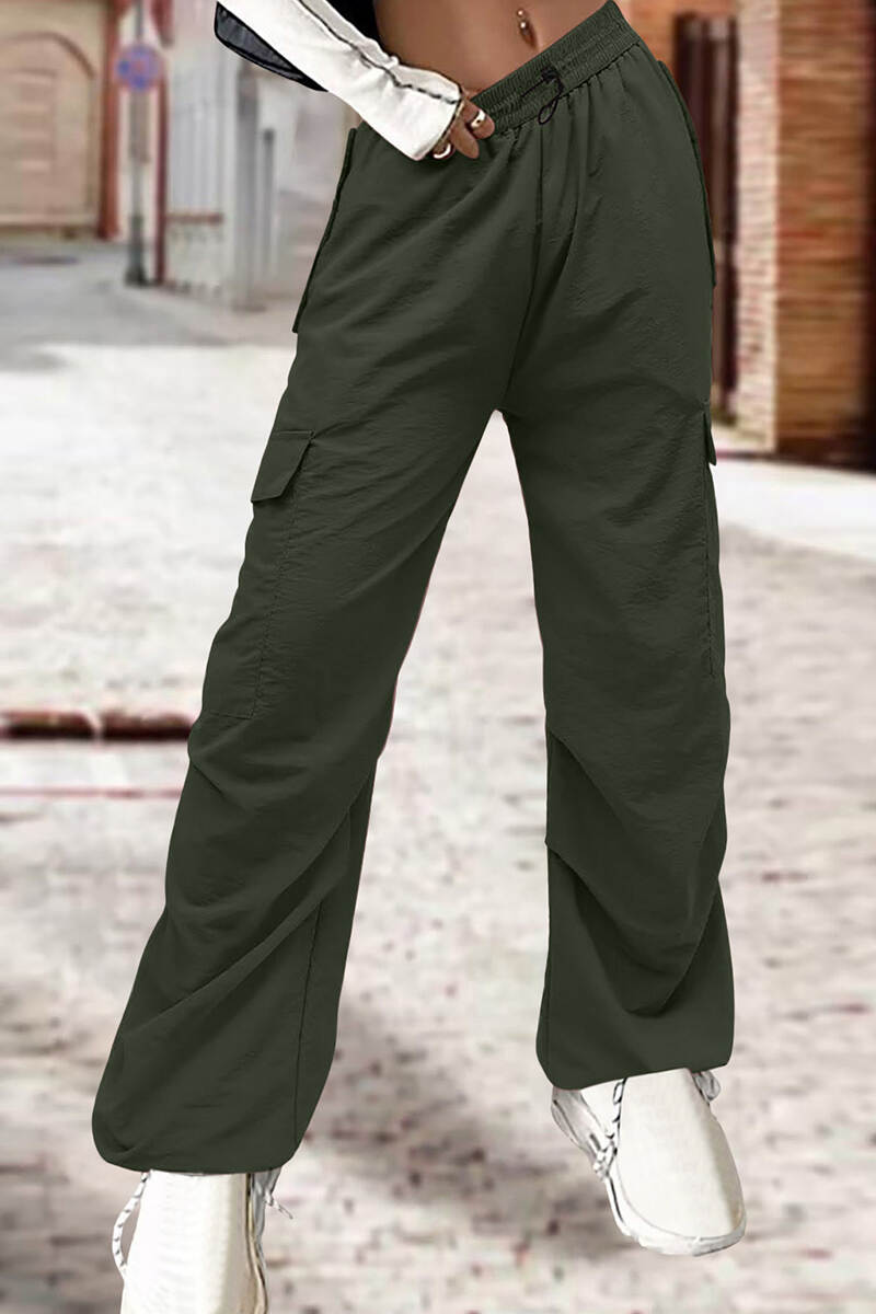 Army Green Street Solid Patchwork Draw String Pocket Straight Low Waist Straight Solid Color Bottoms