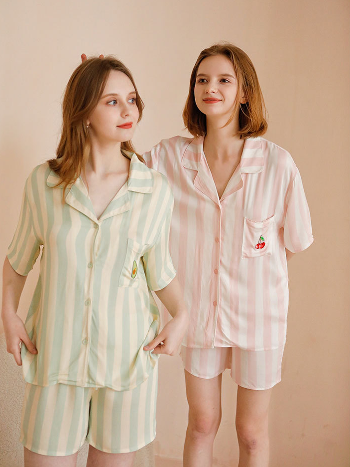 Fruit Shawl Collar Simple Loose Short Sleeve Pajama Set