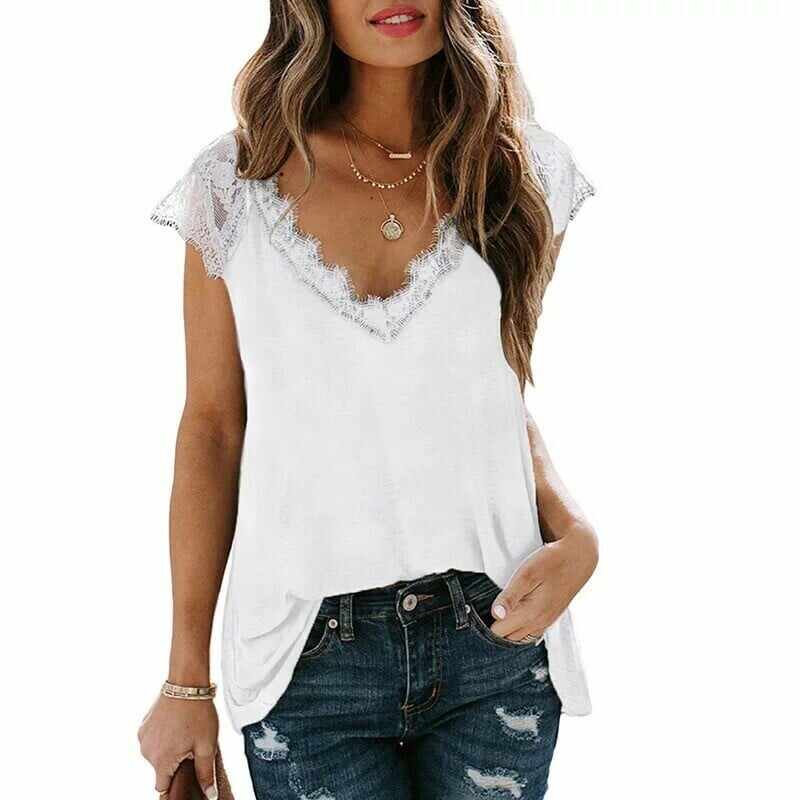 Women's V Neck Lace Vest Summer Casual Short-sleeved Top