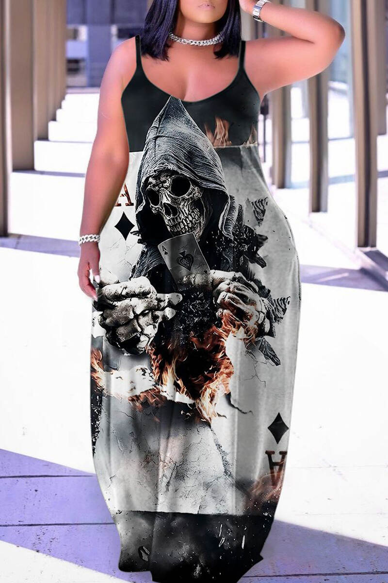 Black Gray Casual Print Backless Spaghetti Strap Long Dress Dresses