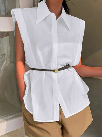 Women Blouses & Shirts | Solid Slit Button Sleeveless Lapel Shirt For Women - PH25782