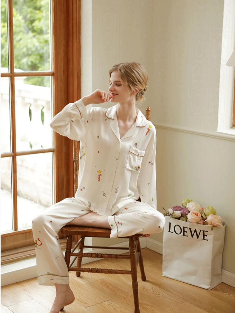 Shawl Collar Simple Star Regular Fit Long Sleeve Pajama Set