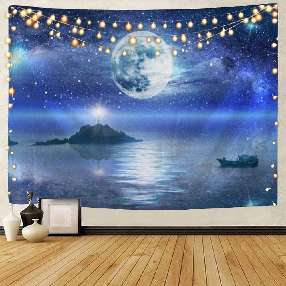 Moon Sea Sky Wall Tapestry Art Decor Landscape Full Night Ocean Cloud